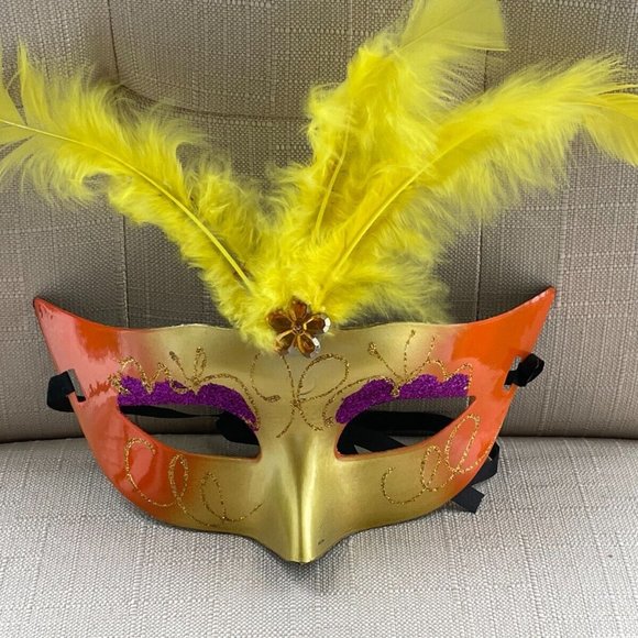 Eye Mask Yellow Faux Feather Mask Masquerade Light Up Mask Women Mask - Picture 3 of 10